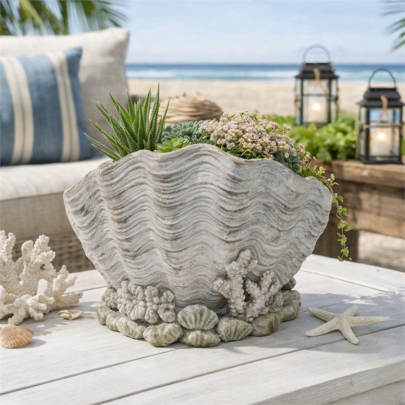 Benjara Coastal Clam Shell Planter w Coral Accents- Weathered Gray Terracotta