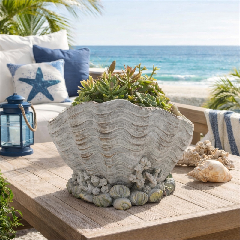 Benjara Coastal Clam Shell Planter w Coral Accents- Weathered Gray Terracotta
