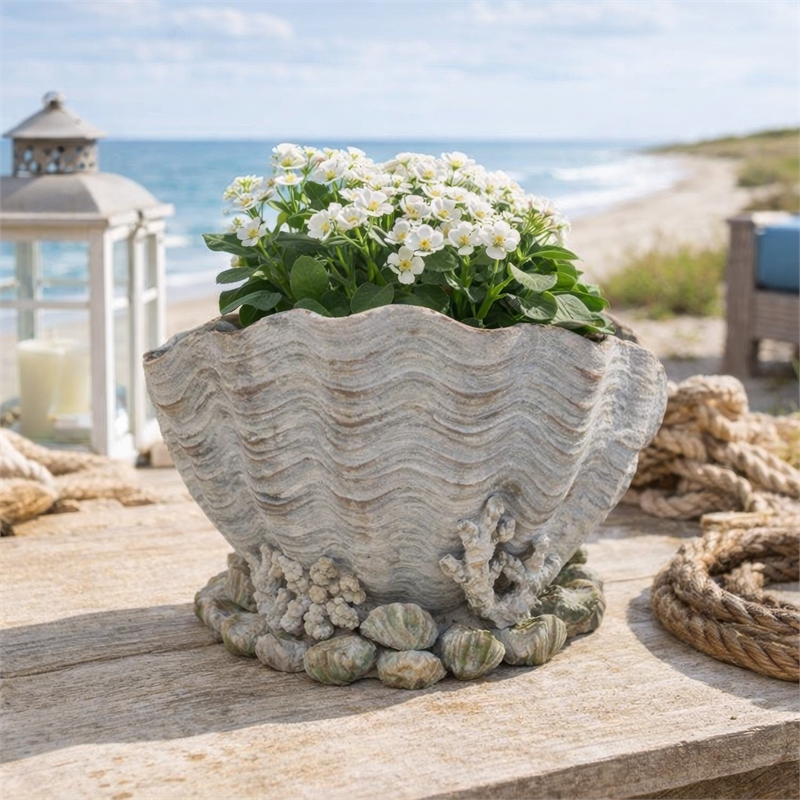 Benjara Coastal Clam Shell Planter w Coral Accents- Weathered Gray Terracotta