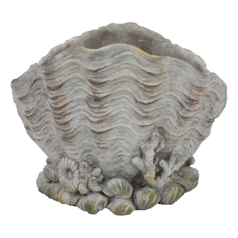 Benjara Coastal Clam Shell Planter w Coral Accents- Weathered Gray Terracotta