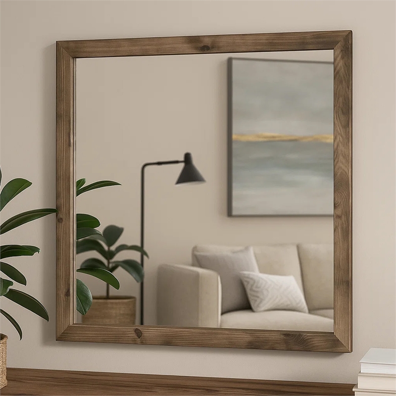 Benjara Ent 40 x 40 Dresser Mirror- Tempered Glass- Rectangular Frame- Greige