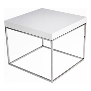 Benjara Zen 24&quot Side End Table- Square- White Lacquer Top- Chrome Steel Frame