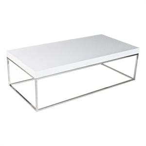 Benjara Zen 48&quot Coffee Table- Rectangular White Lacquer Top- Chrome Steel Frame