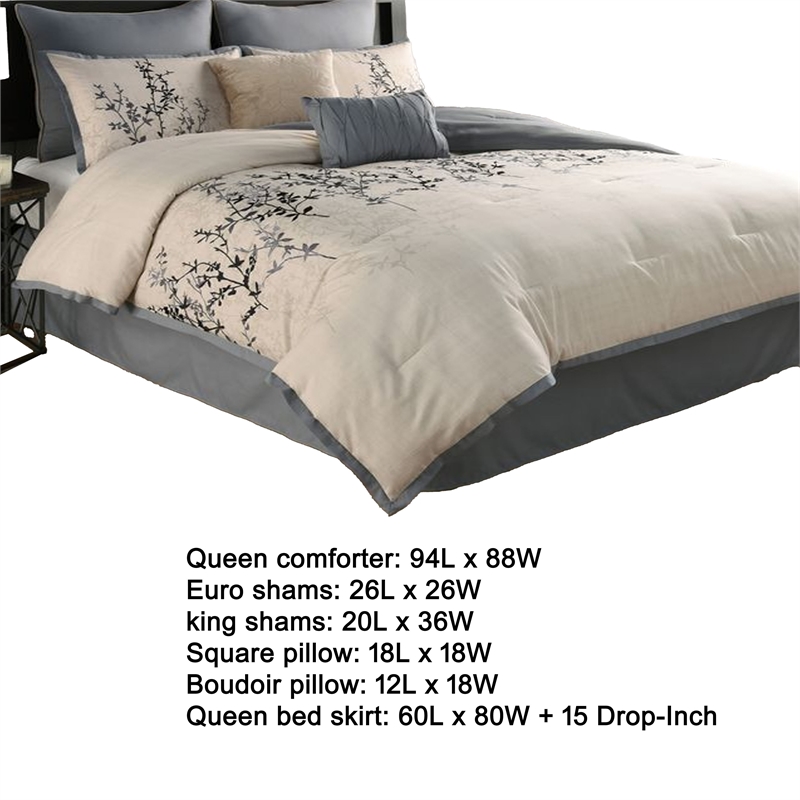 Benjara Yedy 8pc Queen Size Comforter Set- Blue and Cream Floral Embroidery