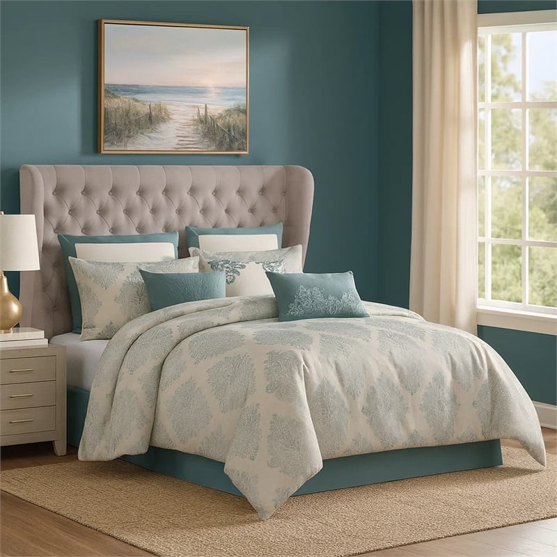Benjara Regy 10pc King Size Comforter Set with Shams- Blue Gray Medallion