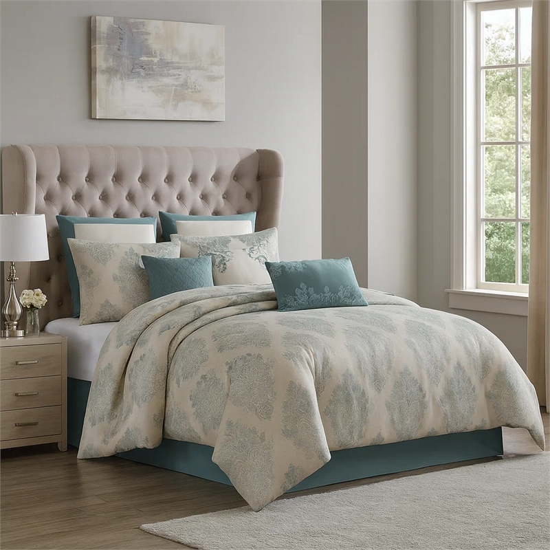 Benjara Regy 10pc King Size Comforter Set with Shams- Blue Gray Medallion