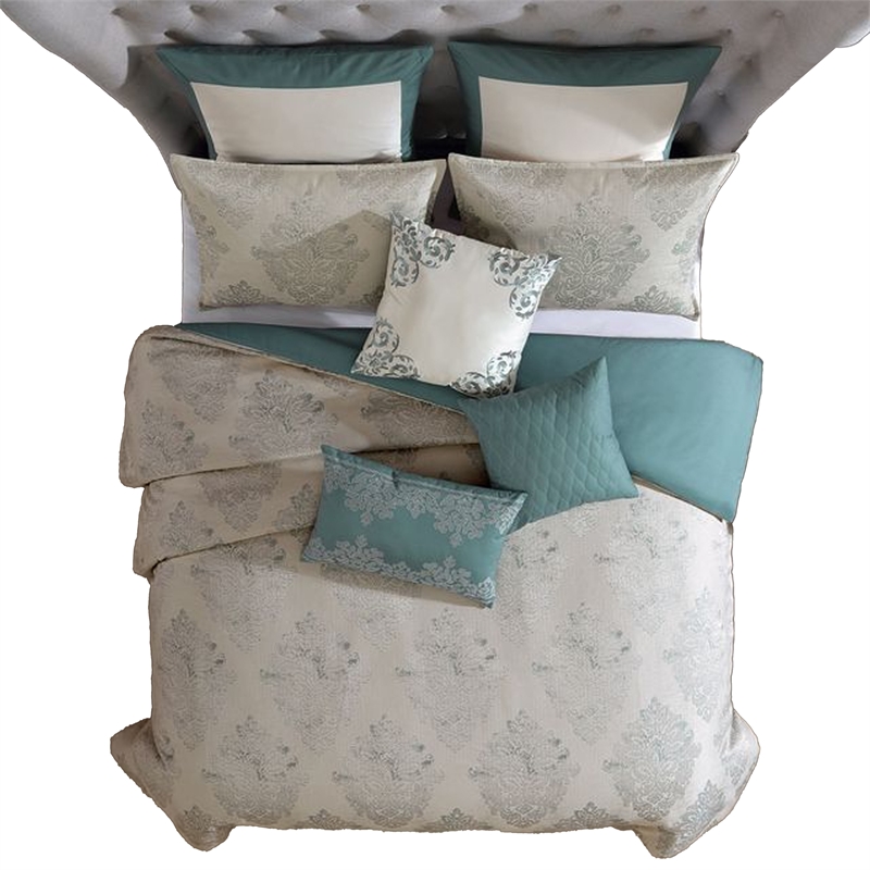 Benjara Regy 10pc Queen Size Comforter Set with Shams- Blue Gray Medallion