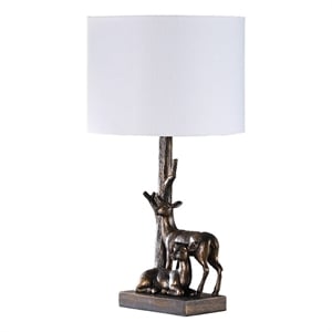 Benjara 20&quot Accent Table Lamp- Dual Roe Deer Design- White Drum Shade- Bronze