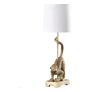 Benjara Ree 24&quot Accent Table Lamp- Monkey Resin Sculpture- Drum Shade- Gold