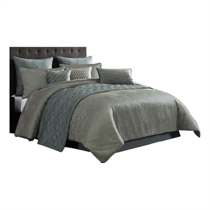 Benjara Mely 10pc Coverlet King Comforter Set- Shams- Green Woven Jacquard