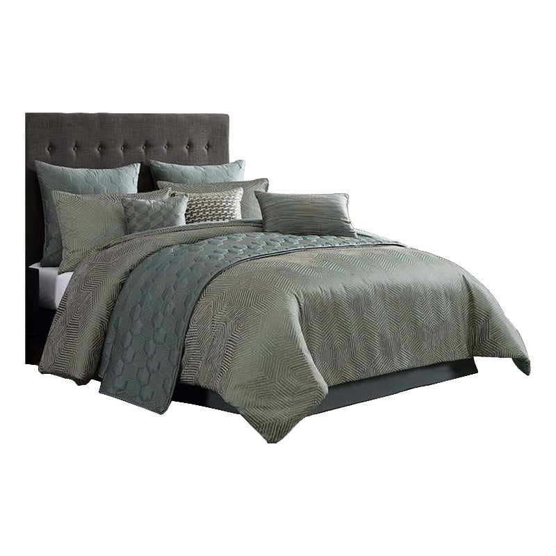 Benjara Mely 10pc Coverlet Queen Comforter Set- Shams- Green Woven Jacquard