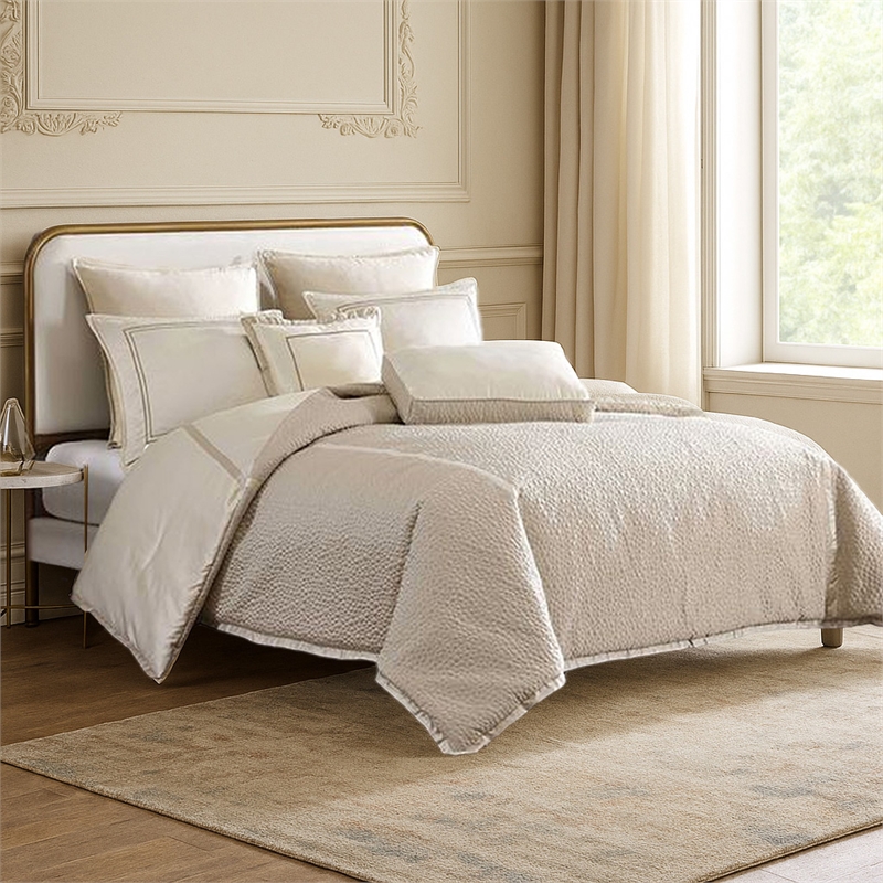 Benjara Dely 7pc Satin Queen Size Comforter Set with Shams- Reversible Gold