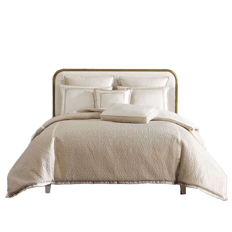 Benjara Dely 7pc Satin Queen Size Comforter Set with Shams- Reversible Gold