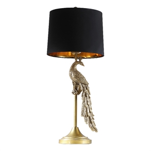 Benjara 29&quot Peacock Table Lamp- Gold Polyresin Sculpture- Black Drum Shade