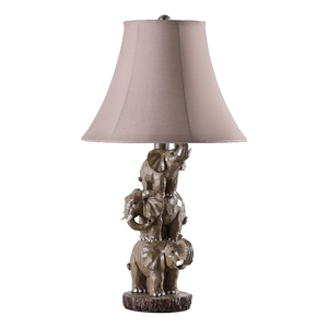 Benjara 21&quot Accent Table Lamp- 3 Stacked Elephants- Linen Bell Shade Brown Gray