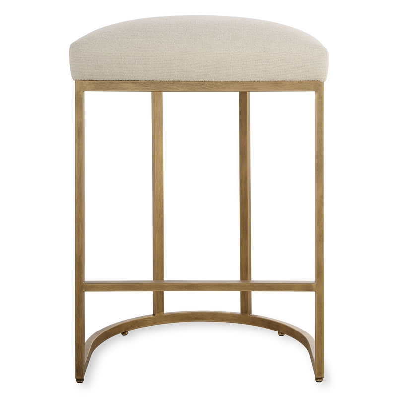 Benjara Gyn Counter Height Stool-Cream Performance Fabric-Brass Cantilever Base