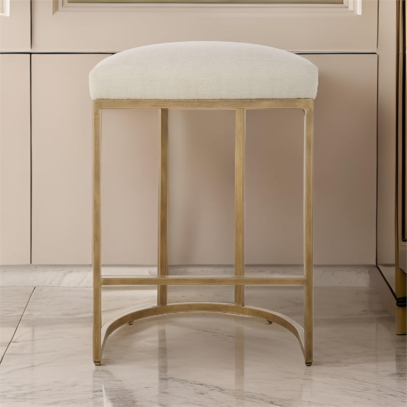 Benjara Gyn Counter Height Stool-Cream Performance Fabric-Brass Cantilever Base