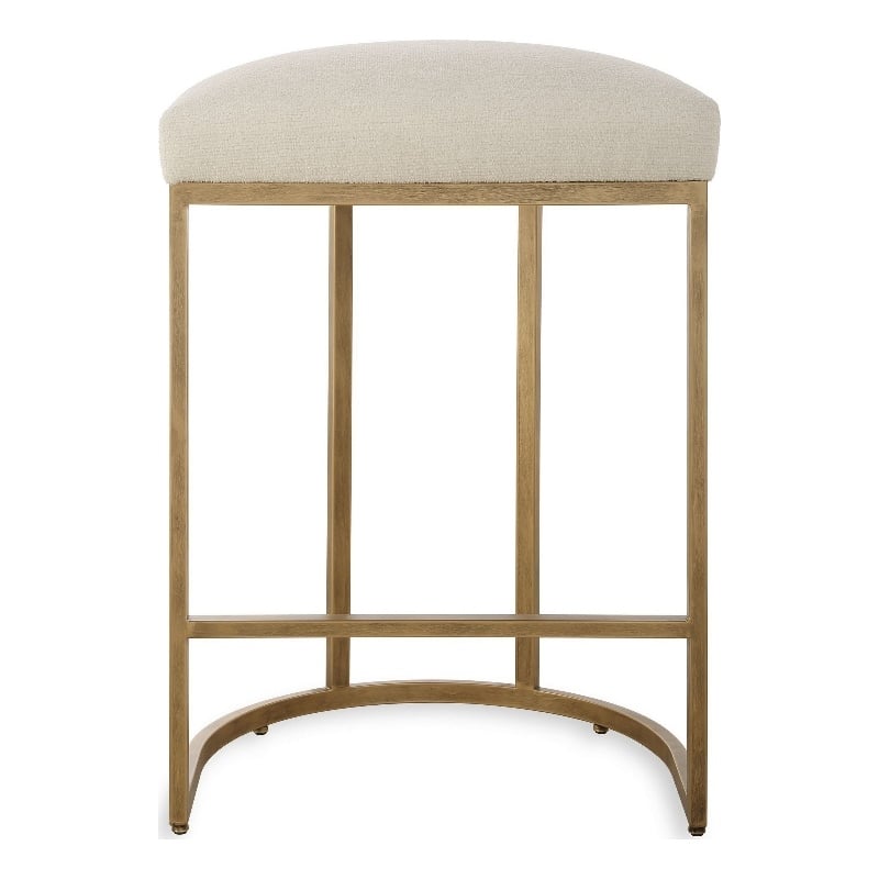 Benjara Gyn Counter Height Stool-Cream Performance Fabric-Brass Cantilever Base