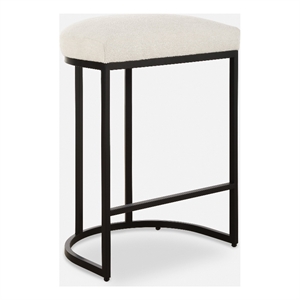 Benjara Gyn Counter Height Stool-White Performance Fabric-Black Cantilever Base