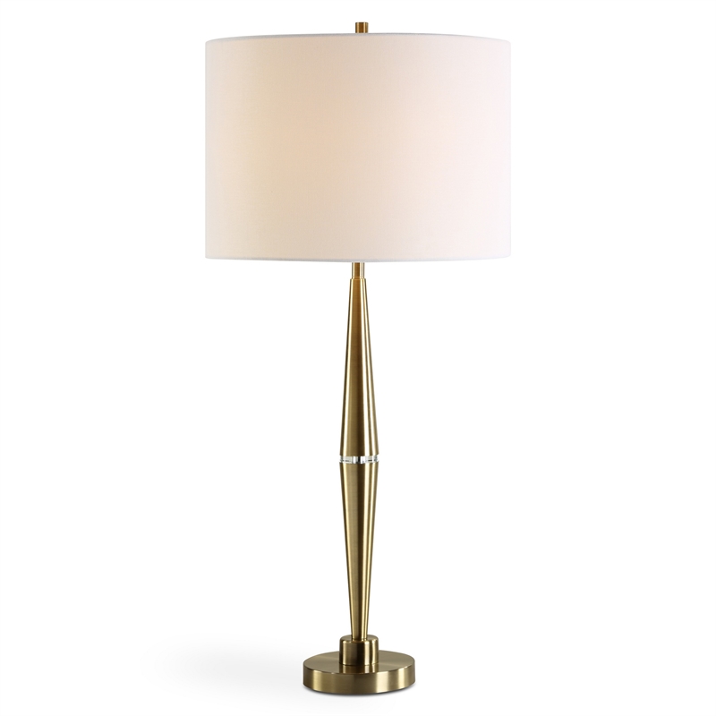 Benjara Modern Accent Table Lamp-White Linen Drum Shade-Gold Metal Tapered Base