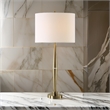 Benjara Modern Accent Table Lamp-White Linen Drum Shade-Gold Metal Tapered Base