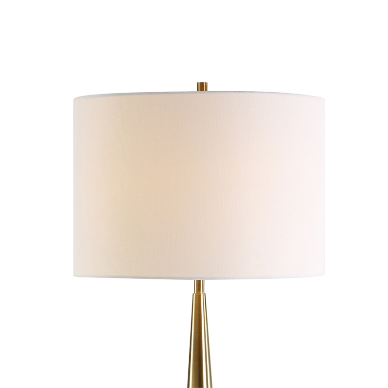 Benjara Modern Accent Table Lamp-White Linen Drum Shade-Gold Metal Tapered Base