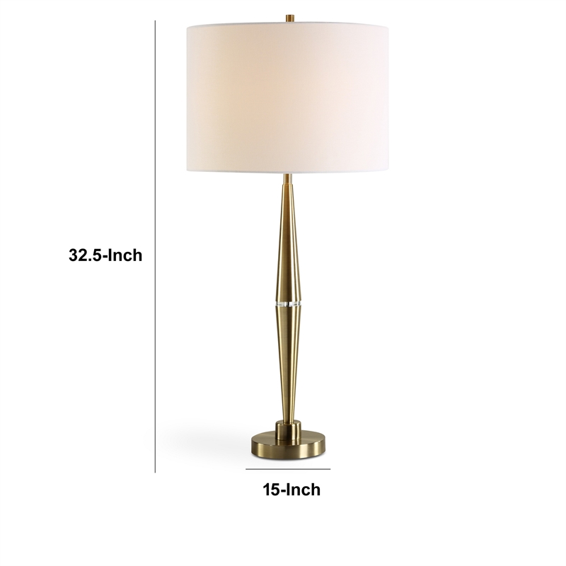 Benjara Modern Accent Table Lamp-White Linen Drum Shade-Gold Metal Tapered Base