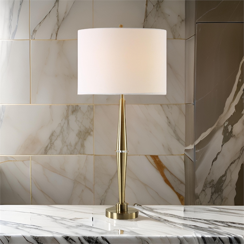Benjara Modern Accent Table Lamp-White Linen Drum Shade-Gold Metal Tapered Base