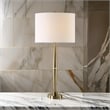 Benjara Modern Accent Table Lamp-White Linen Drum Shade-Gold Metal Tapered Base