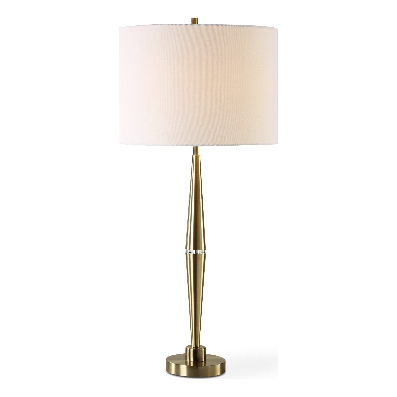 Benjara Modern Accent Table Lamp-White Linen Drum Shade-Gold Metal Tapered Base