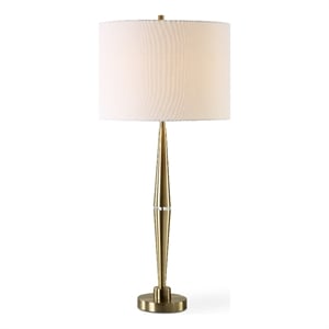 Benjara Modern Accent Table Lamp-White Linen Drum Shade-Gold Metal Tapered Base