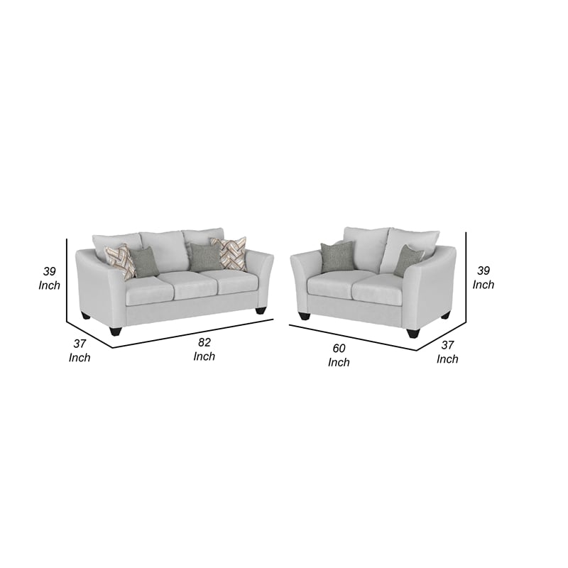 Benjara Siya 2pc Living Room Sofa and Loveseat Set- 6 Accent Pillows- Sand Gray