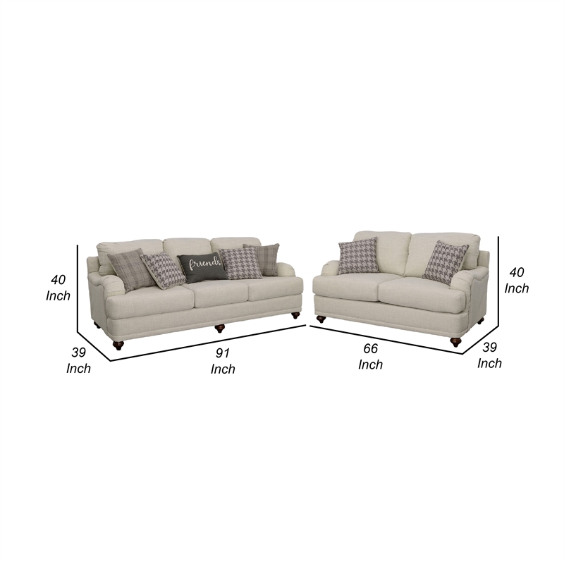 Benjara Liya 2pc Sofa Loveseat Set- Espresso Brown Legs- 7 Throw Pillows- Gray