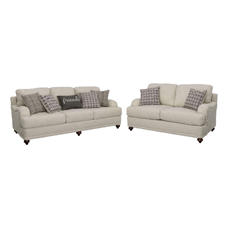 Benjara Liya 2pc Sofa Loveseat Set- Espresso Brown Legs- 7 Throw Pillows- Gray