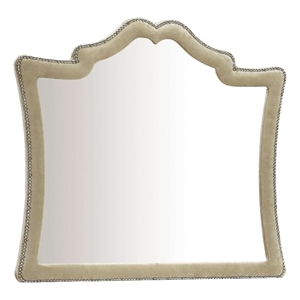 Benjara Lino Dresser Mirror- Curved Frame- Nailhead Trim- Cream Velvet 43&quot