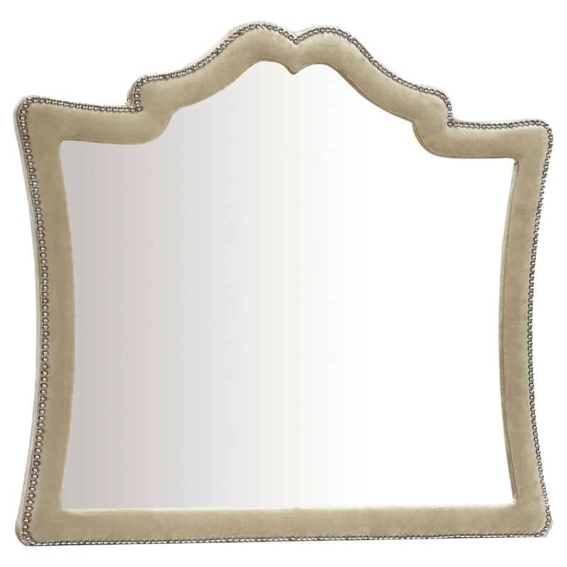 Benjara Lino Dresser Mirror- Curved Frame- Nailhead Trim- Cream Velvet 43
