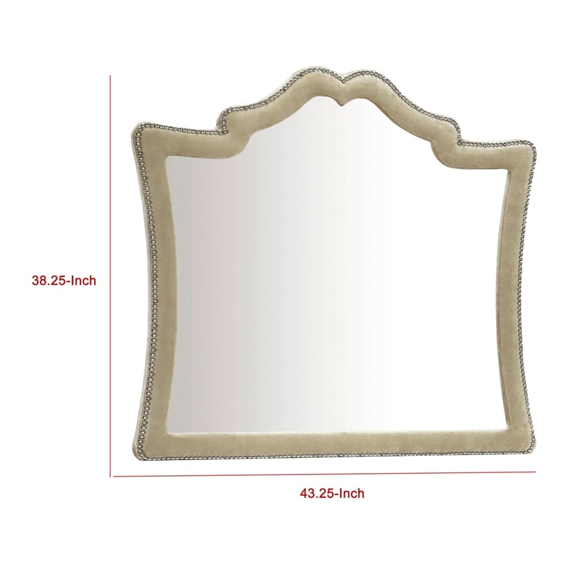 Benjara Lino Dresser Mirror- Curved Frame- Nailhead Trim- Cream Velvet 43