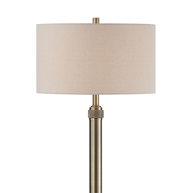 Benjara Modern Floor Lamp- White Linen Drum Shade- Brass Metal Pole- Round Base