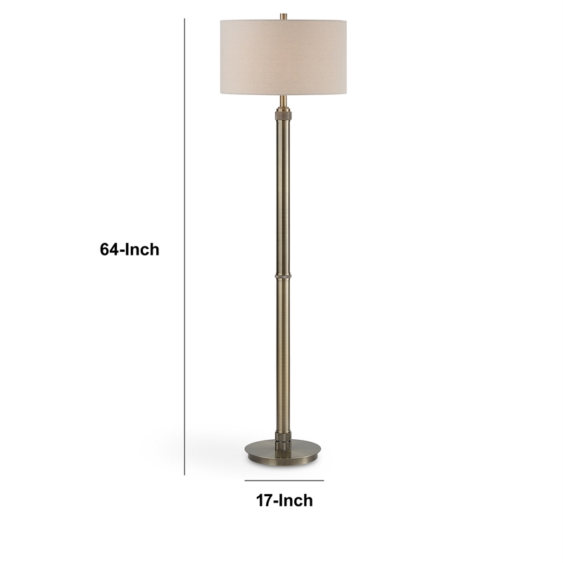 Benjara Modern Floor Lamp- White Linen Drum Shade- Brass Metal Pole- Round Base