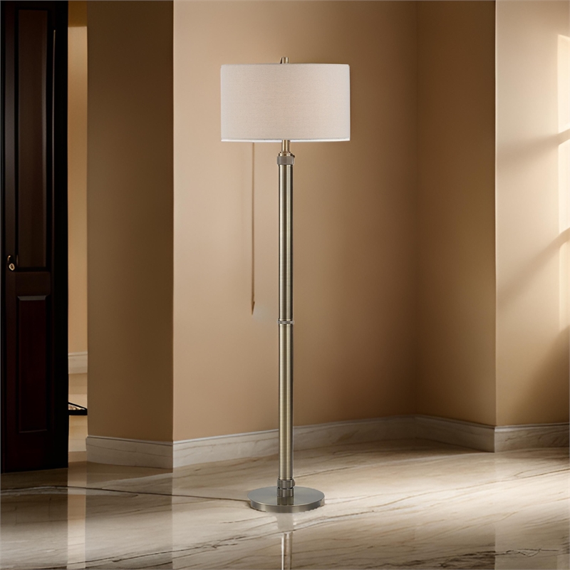 Benjara Modern Floor Lamp- White Linen Drum Shade- Brass Metal Pole- Round Base