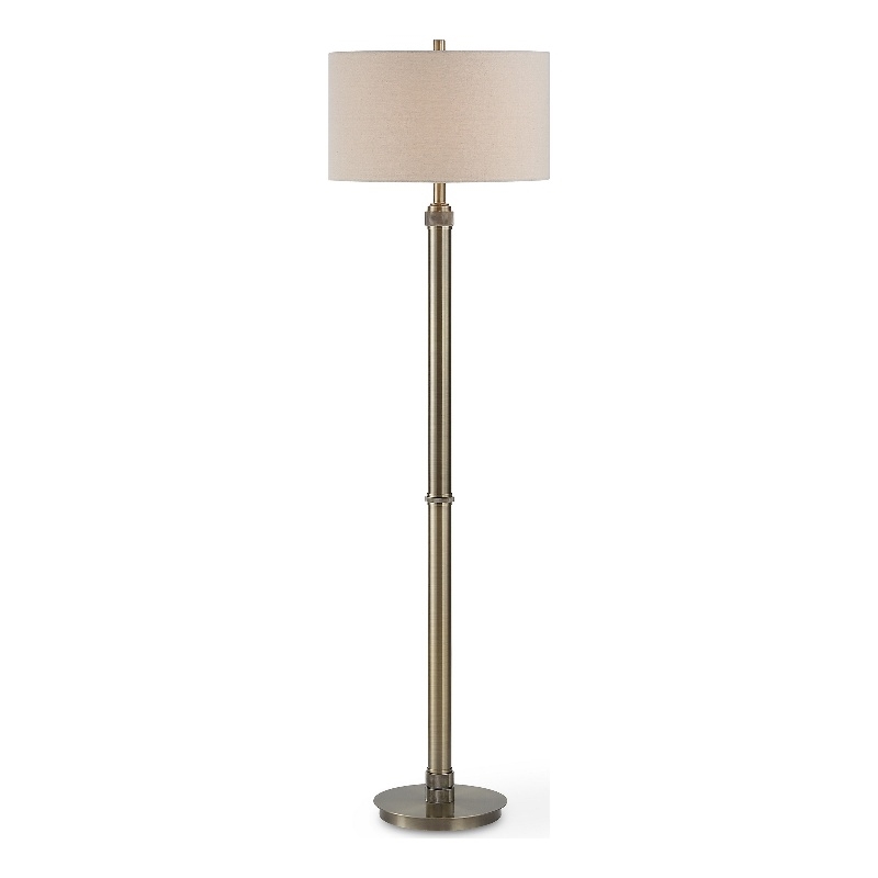 Benjara Modern Floor Lamp- White Linen Drum Shade- Brass Metal Pole- Round Base