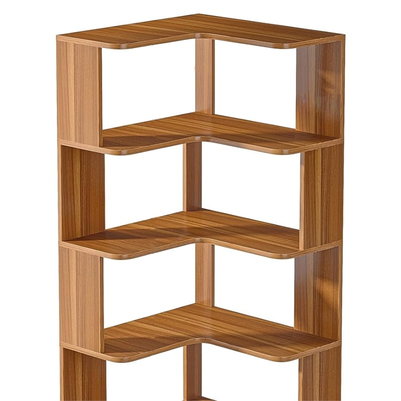 Benjara Nel Tall Corner Bookshelf- 6 Tier L Shape Brown Shelves- 65