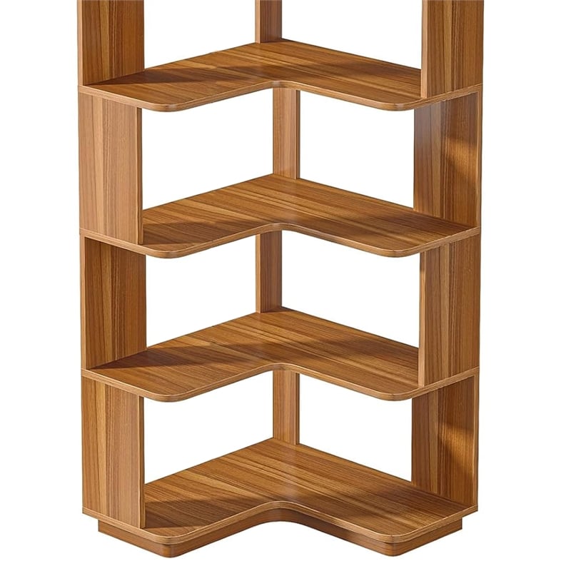 Benjara Nel Tall Corner Bookshelf- 6 Tier L Shape Brown Shelves- 65