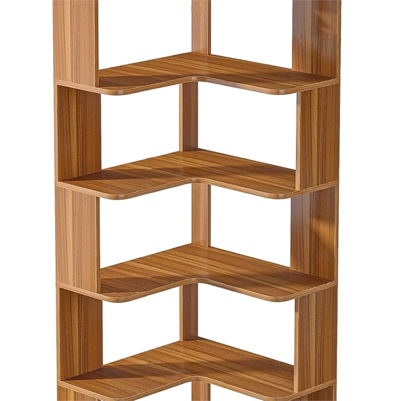 Benjara Nel Tall Corner Bookshelf- 6 Tier L Shape Brown Shelves- 65