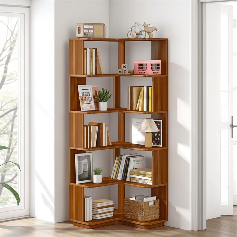 Benjara Nel Tall Corner Bookshelf- 6 Tier L Shape Brown Shelves- 65