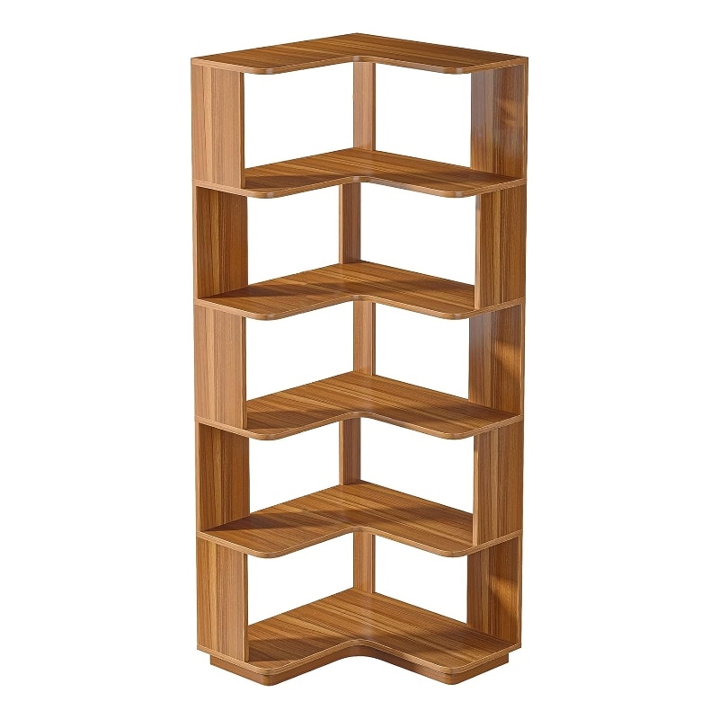 Benjara Nel Tall Corner Bookshelf- 6 Tier L Shape Brown Shelves- 65