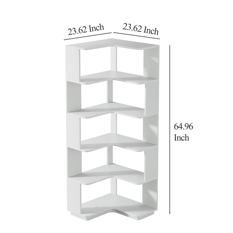 Benjara Nel Tall Corner Bookshelf- 6 Tier L Design White Shelves- 65