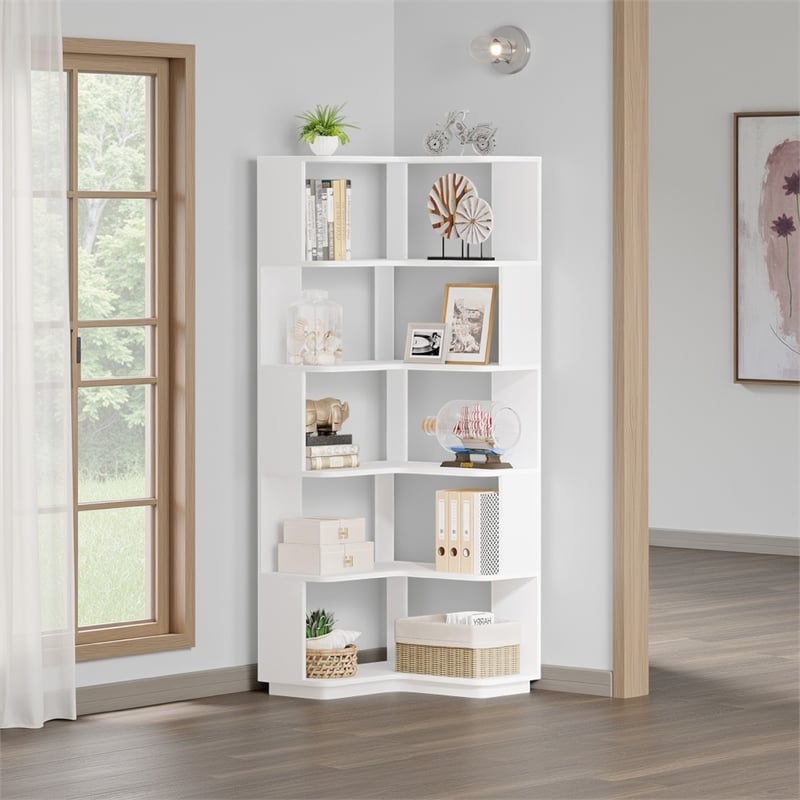 Benjara Nel Tall Corner Bookshelf- 6 Tier L Design White Shelves- 65