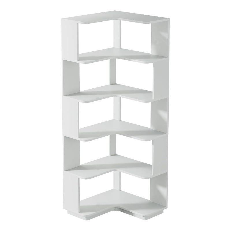 Benjara Nel Tall Corner Bookshelf- 6 Tier L Design White Shelves- 65