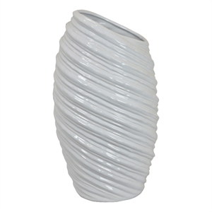 Benjara Tall Modern Vase- Angled Spiral Design- White Ceramic 17&quot